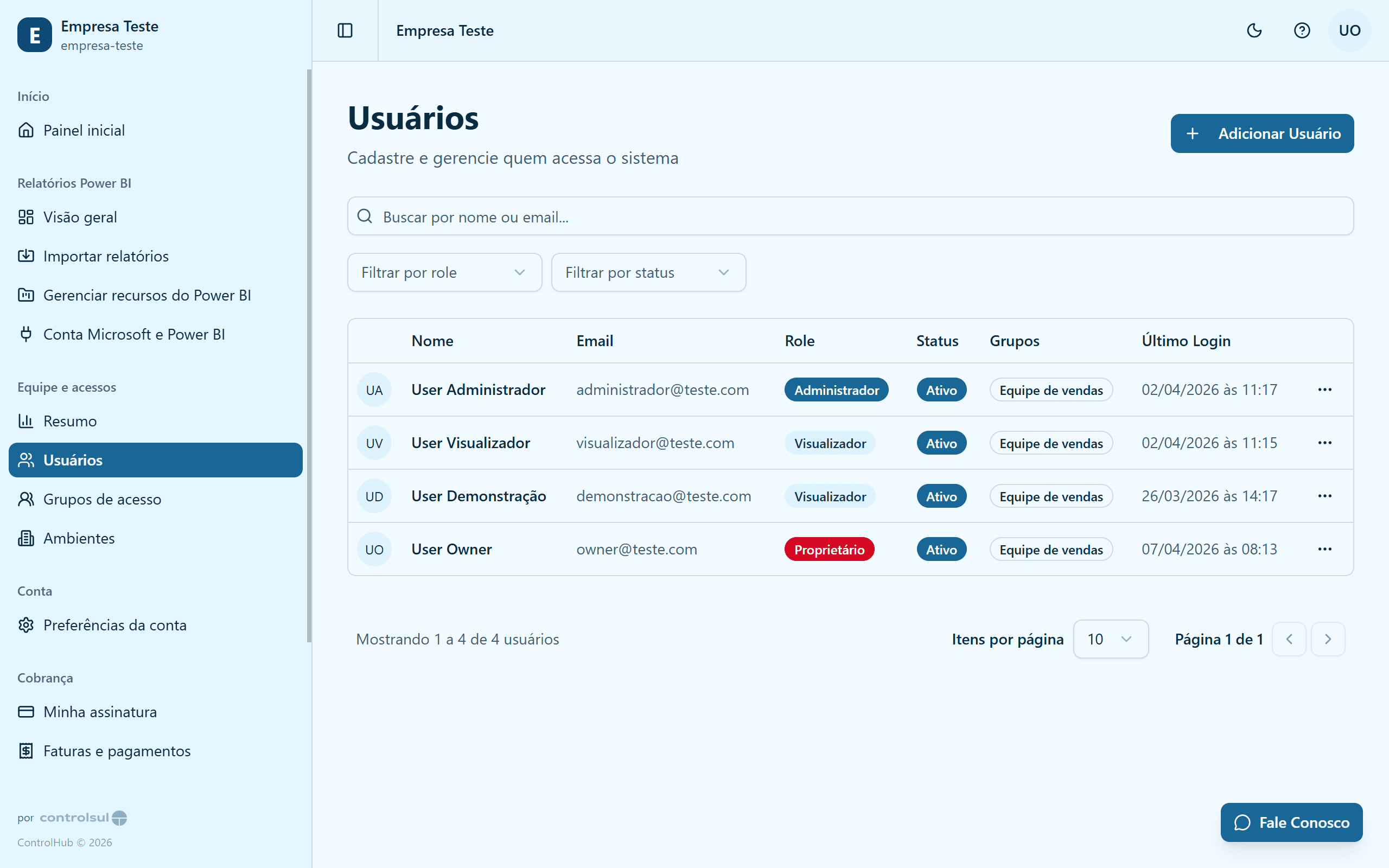 Gestão de usuários do ControlHub com tabela de permissões e filtros